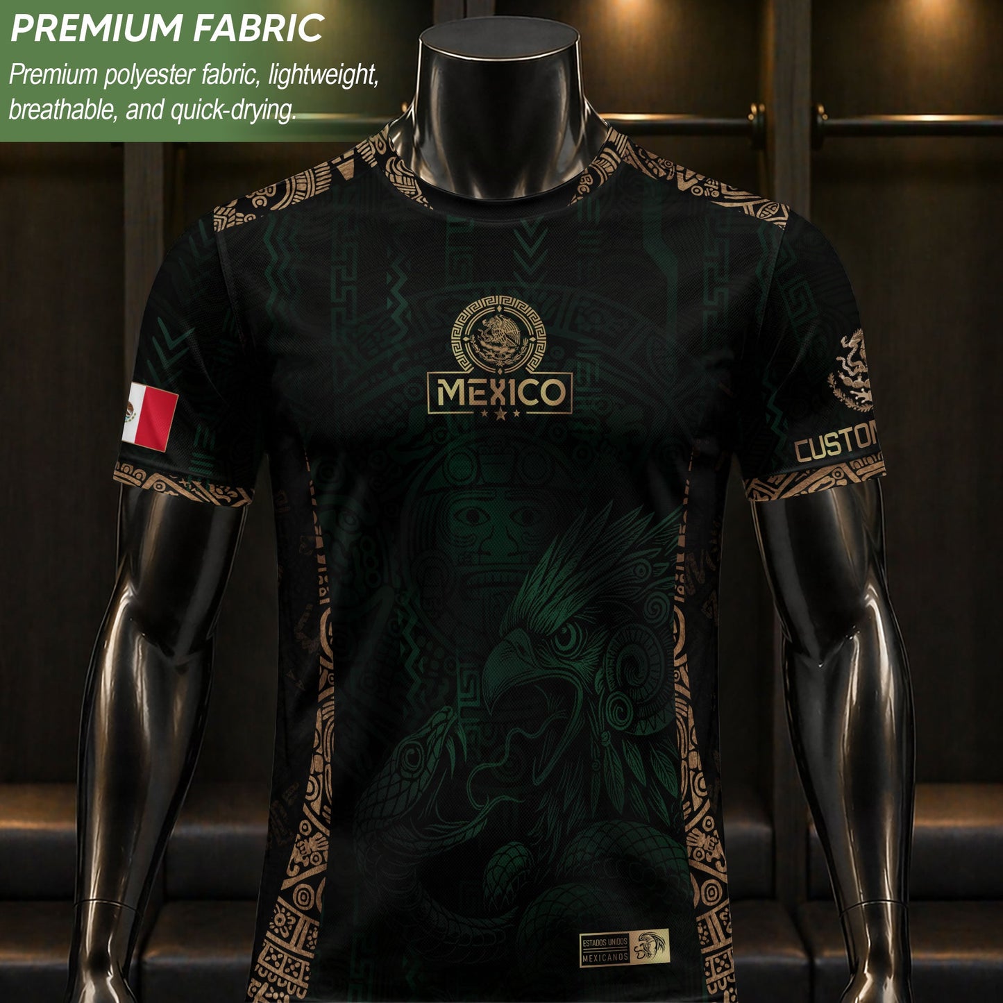 Custom Mexico Green Gold Soccer Jersey with Aztec Eagle Warrior Design