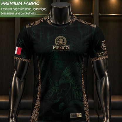 Custom Mexico Green Gold Soccer Jersey with Aztec Eagle Warrior Design