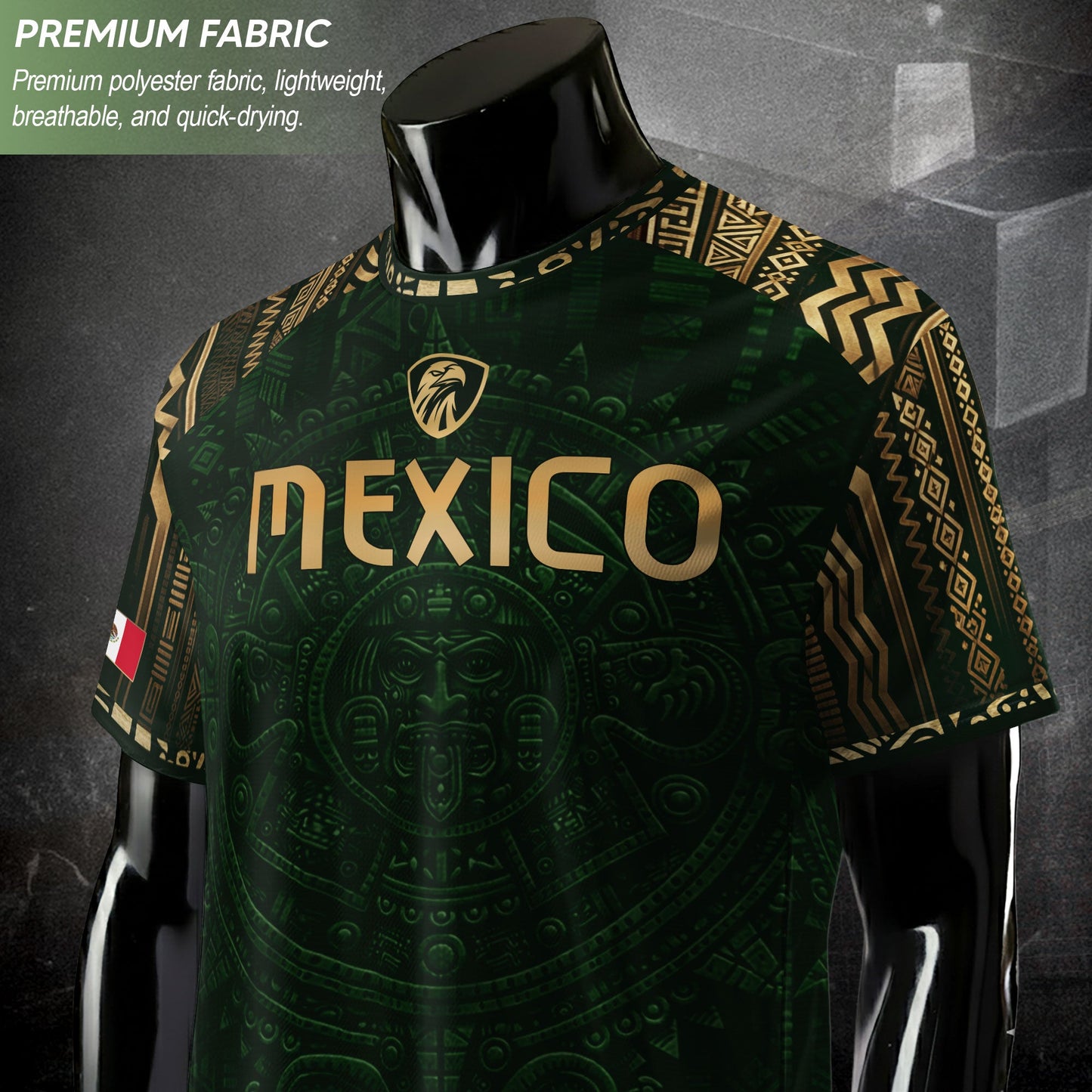 Mexico Heritage Orgullo Mexicano Green Gold Aztec Calendar Sun Stone Soccer Jersey