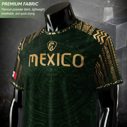 Mexico Heritage Orgullo Mexicano Green Gold Aztec Calendar Sun Stone Soccer Jersey