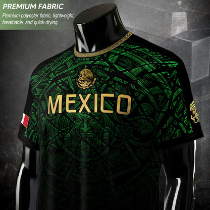 Mexico Soccer Jersey Green Black Aztec Sun Stone - Mexico Fan Heritage Style Shirt