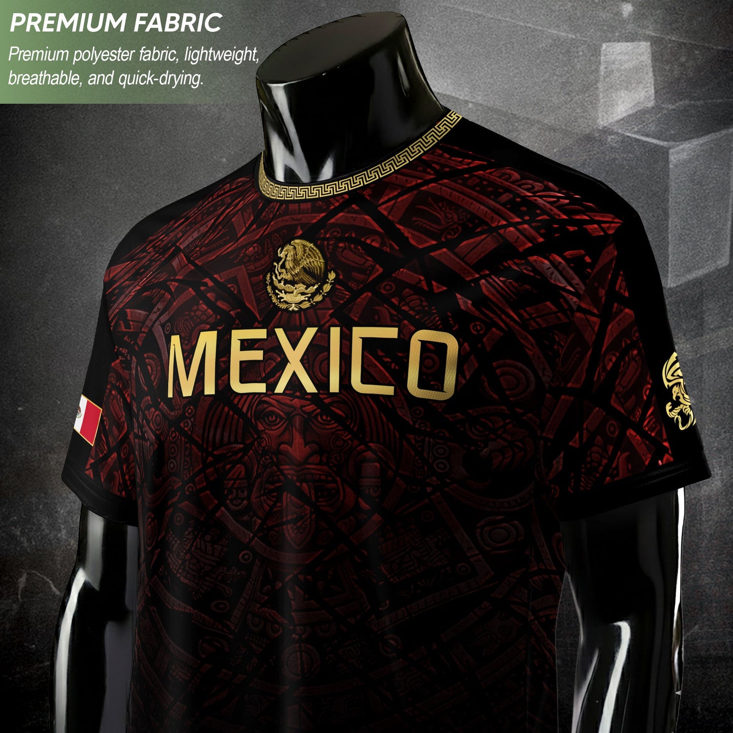 Mexico Football Jersey Maroon Gold Aztec Style – Breathable Shirt for Soccer Fans