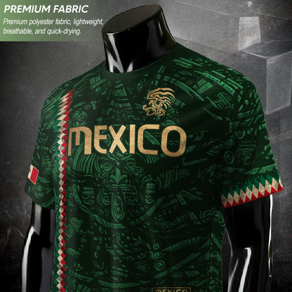 Mexico Soccer Jersey Green Gold Aztec Sun Stone - Mexico National Team Fan Heritage Shirt