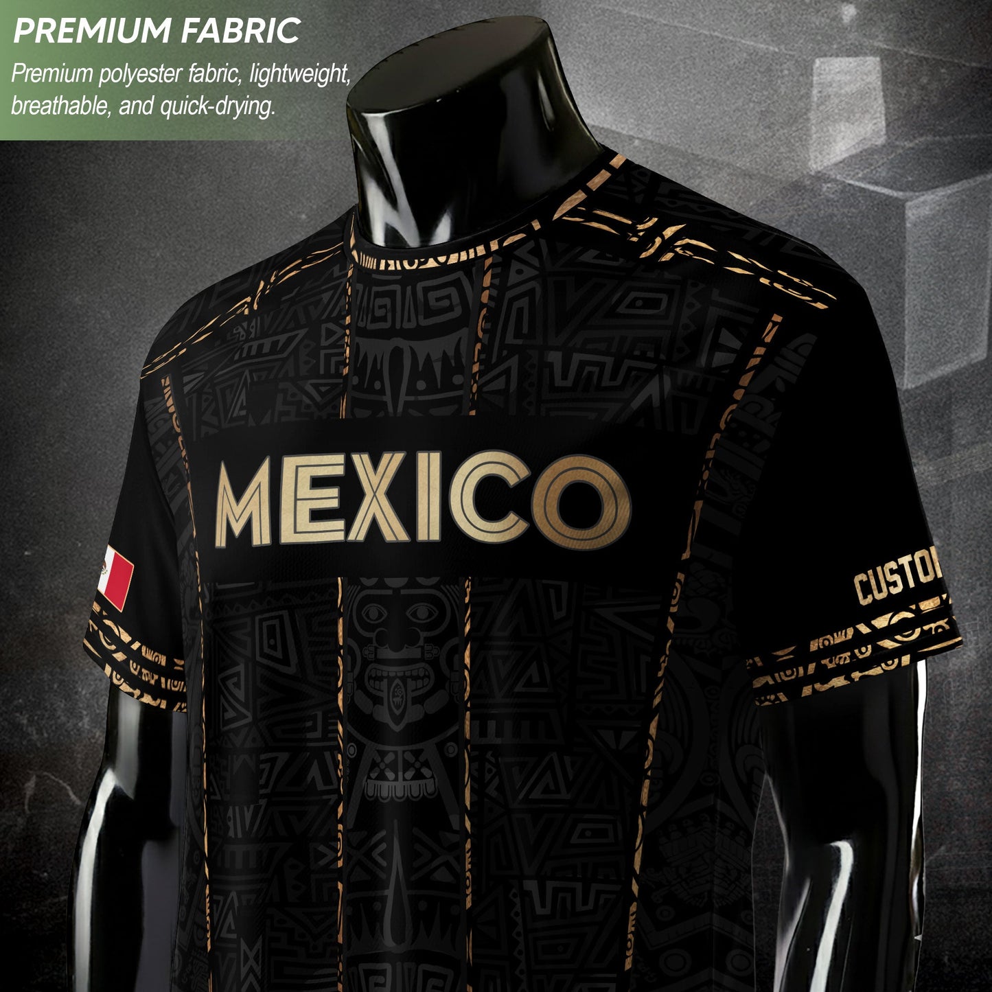 Mexico Soccer Jersey Custom Name - Aztec Heritage Black & Gold Tribal Football Shirt