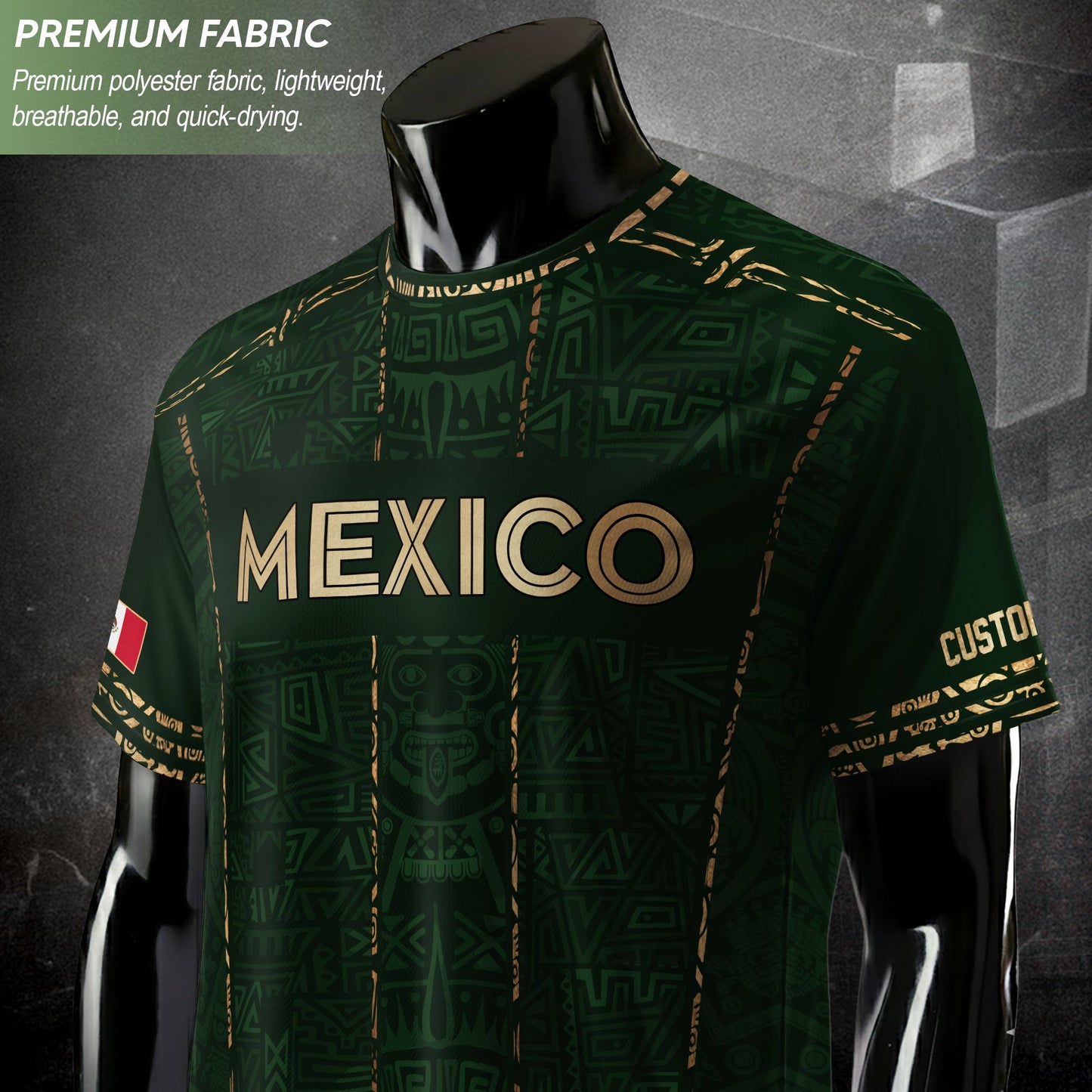 Mexico Soccer Jersey Custom Name - Green Aztec Heritage Pattern Tribal Football Shirt