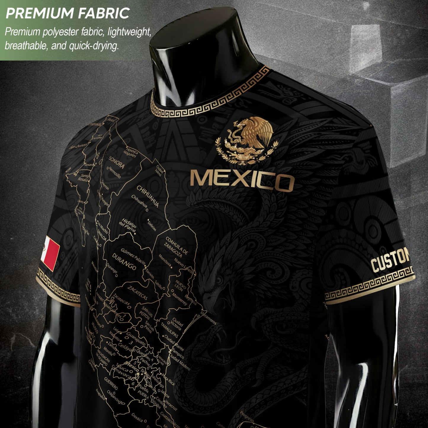 Mexico Soccer Jersey Custom Name - Black & Gold Mexico Map Heritage Football Shirt