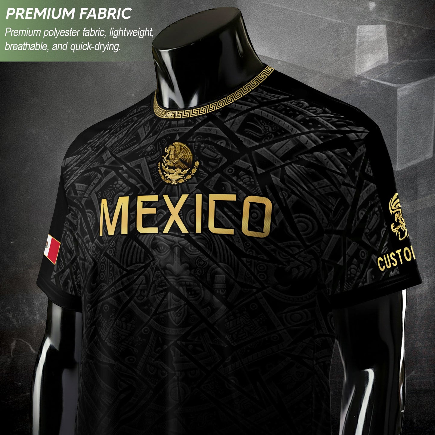 Custom Mexico Soccer Jersey – Black Aztec Heritage Pattern Personalized Football Shirt