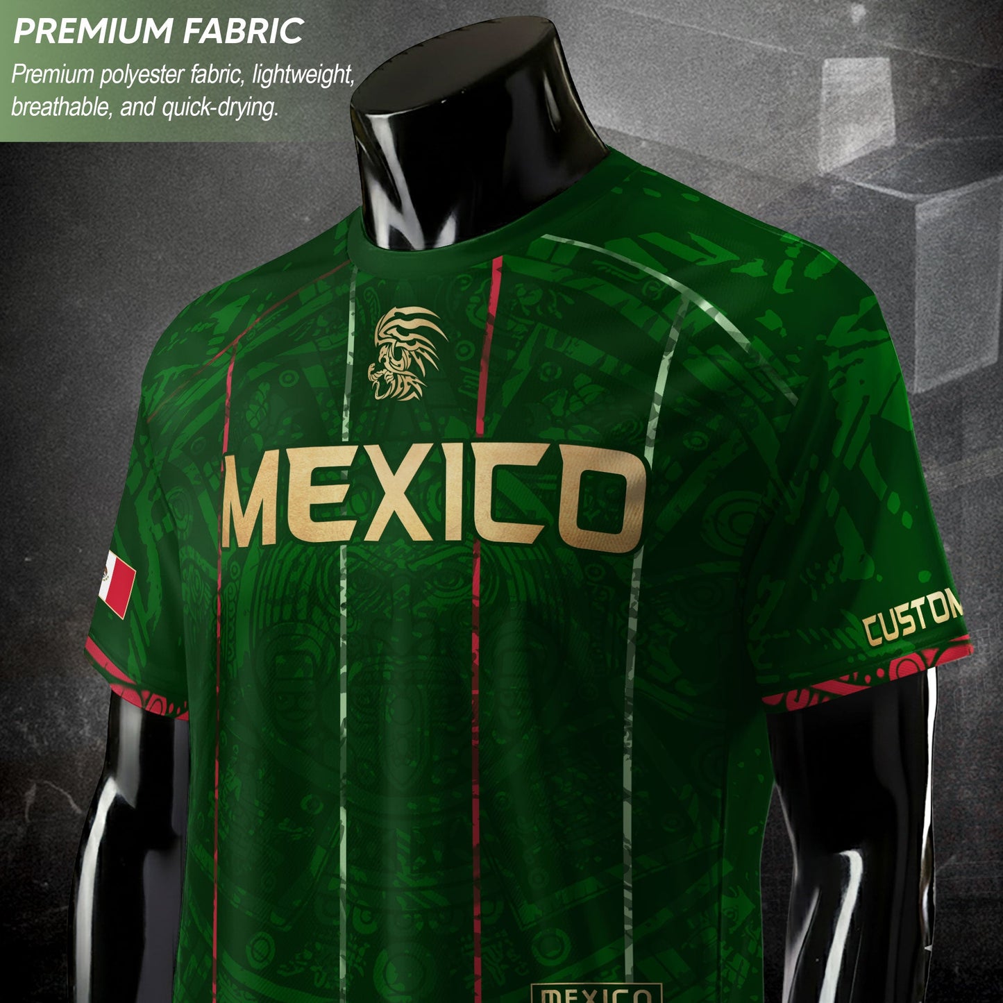 Custom Mexico Soccer Jersey – Green Aztec Pattern Striped Football Shirt with Custom Name Number
