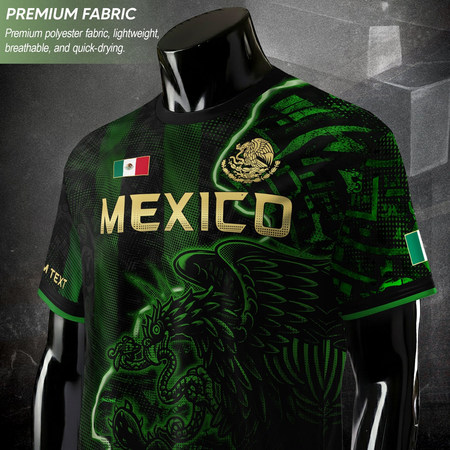 Custom Mexico Soccer Jersey – Black Green Aztec Serpent Lightning Football Shirt