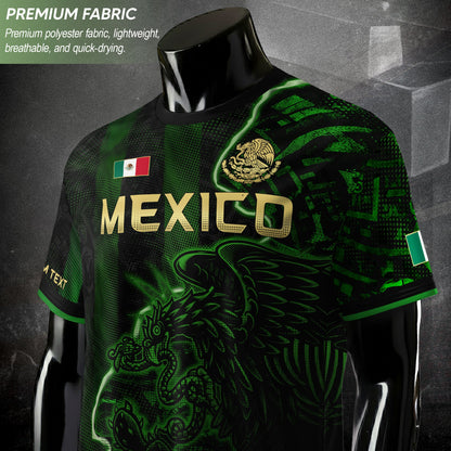 Custom Mexico Soccer Jersey – Black Green Aztec Serpent Lightning Football Shirt