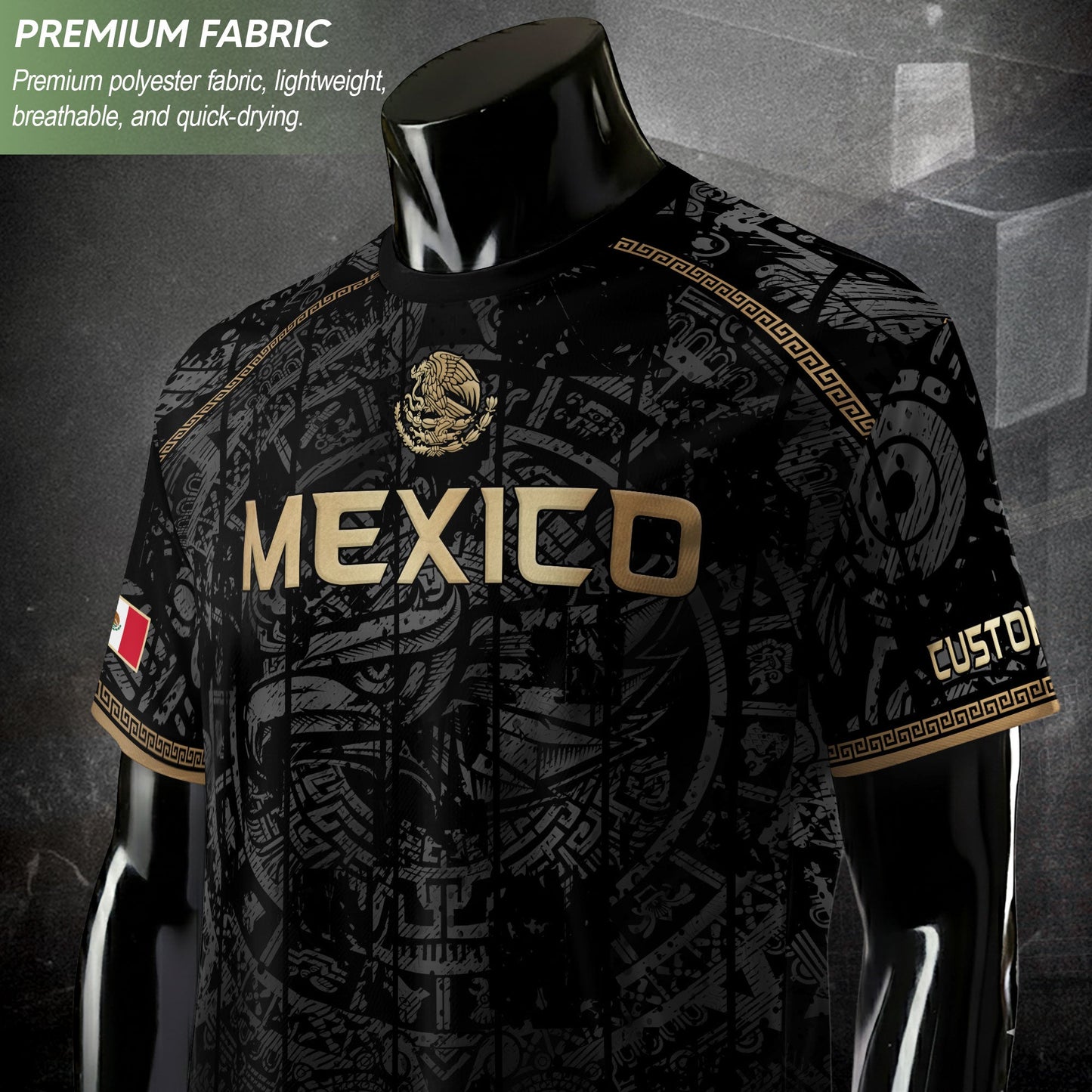 Mexico Soccer Jersey Custom Name - Black Gold Aztec Calendar Heritage Football Shirt