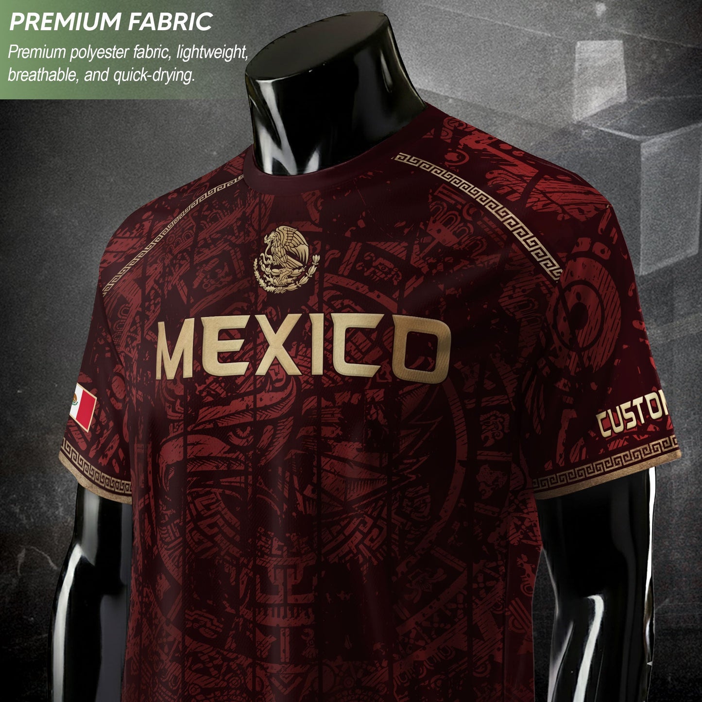 Personalized Mexico Soccer Jersey - Maroon Gold Aztec Calendar Heritage Football Shirt