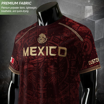 Personalized Mexico Soccer Jersey - Maroon Gold Aztec Calendar Heritage Football Shirt