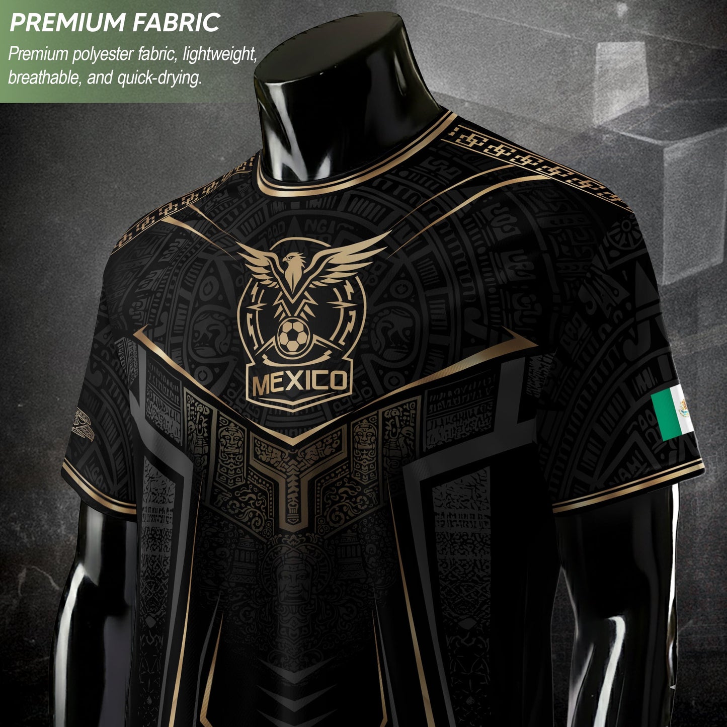 Mexico Soccer Jersey - Black & Gold Aztec Sun Stone Tribal Football Shirt