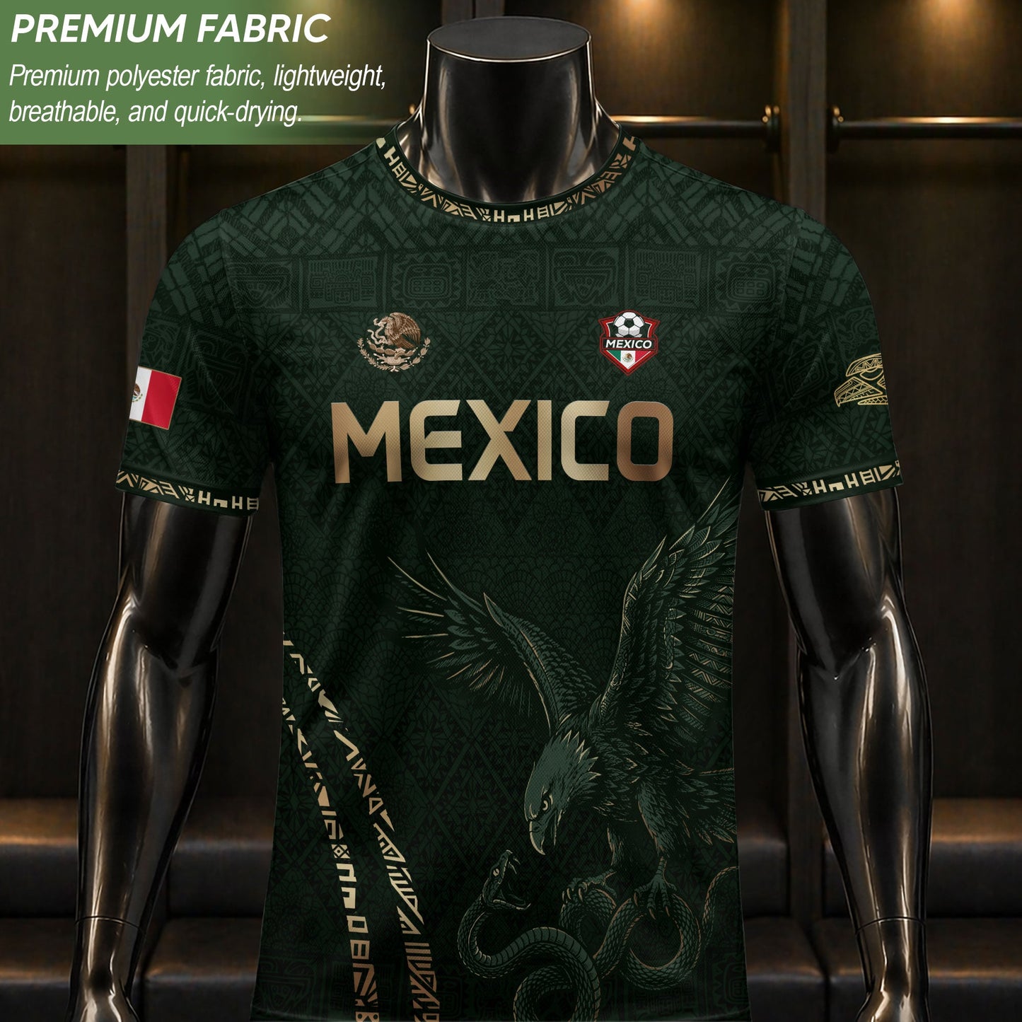 Green Mexico Soccer Jersey Gold Eagle Snake Aztec Mexican Football Shirt