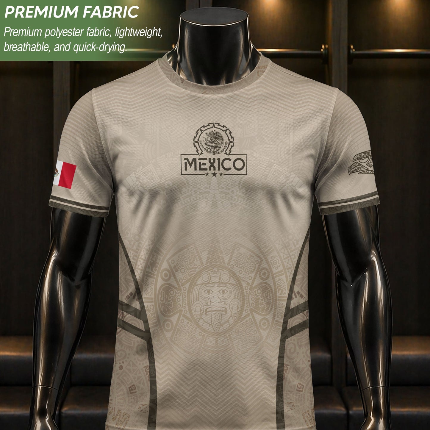 Mexico Soccer Jersey Aztec Eagle Sun Calendar Beige Tan Football Shirt for Fans