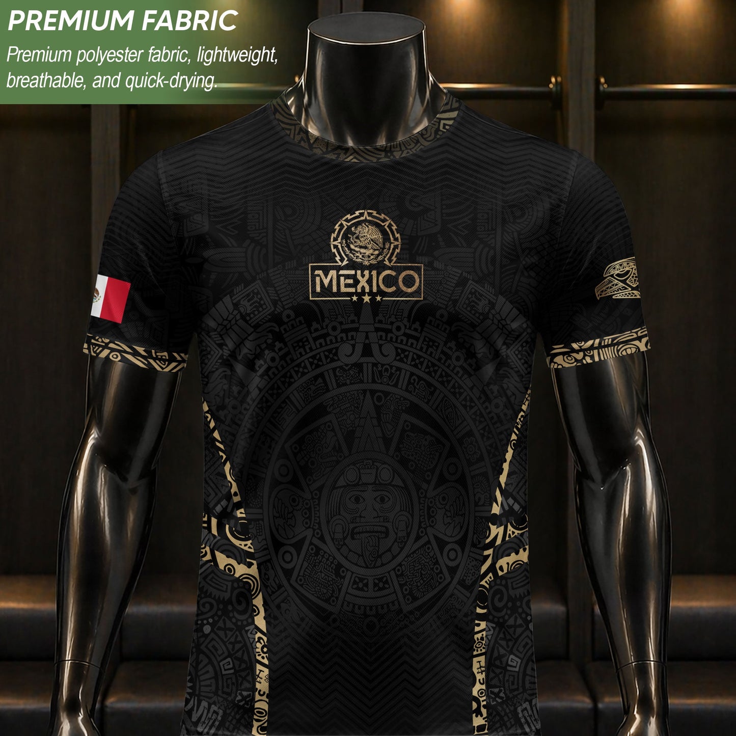Mexico Soccer Jersey Aztec Sun Calendar Black Gold Football Shirt for Fans