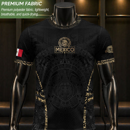 Mexico Soccer Jersey Aztec Sun Calendar Black Gold Football Shirt for Fans