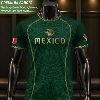 Green Mexico Soccer Jersey Aztec Sun Calendar Mexican Football Shirt for Fans