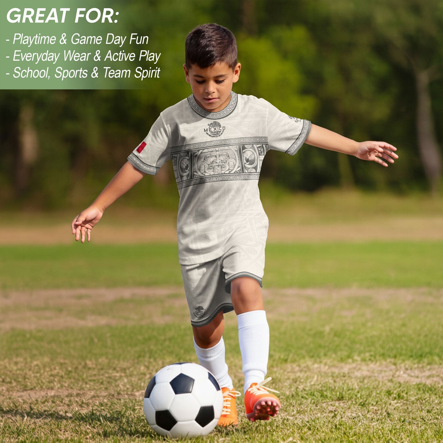 Mexico Kids Soccer Jersey Aztec Art White Youth Football Shirt Toddler Training Kit