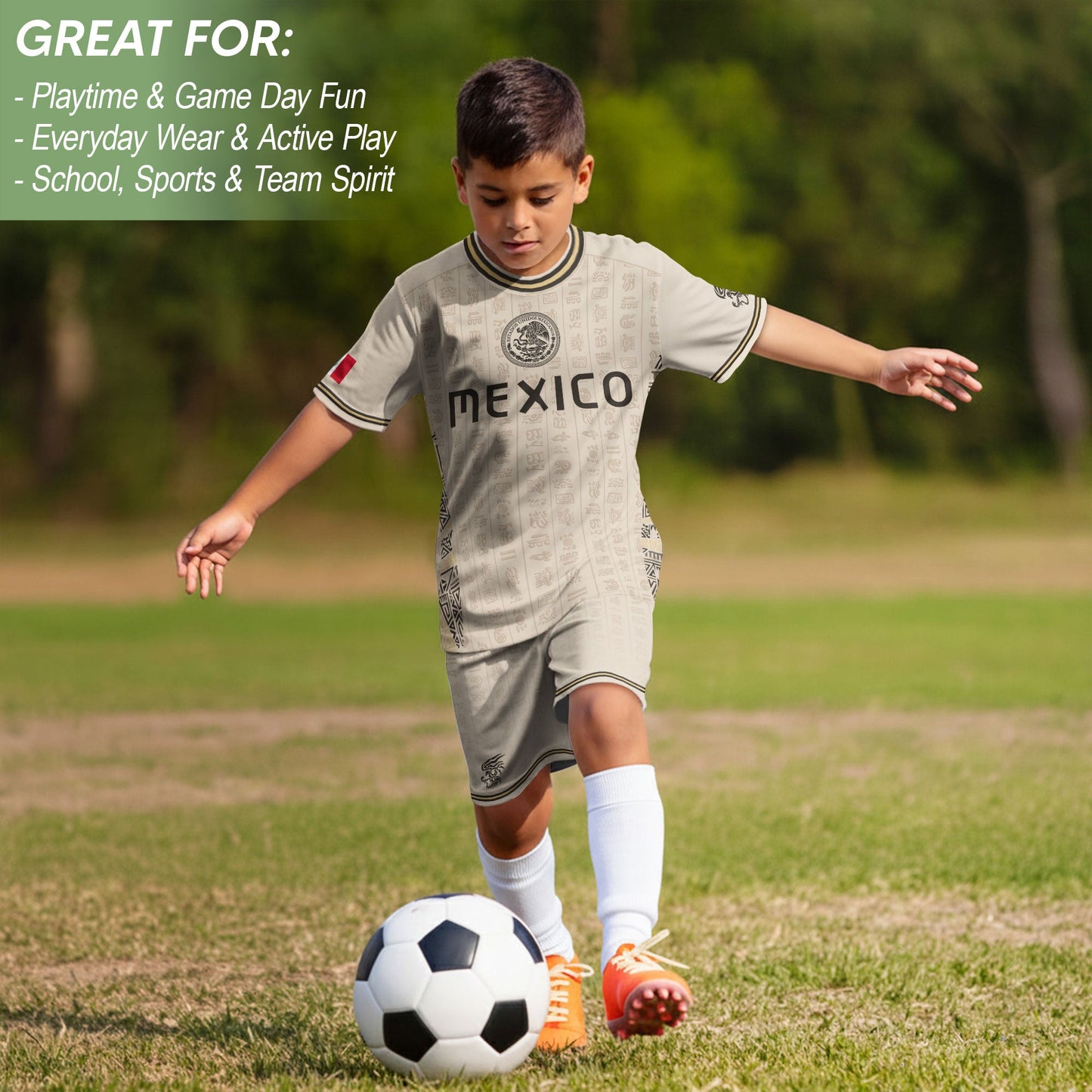 Mexico Kids Soccer Jersey Vintage Mayan Pattern Cream Toddler Sportswear Shirt
