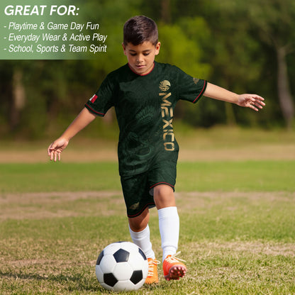 Mexico Kids Soccer Jersey Youth Green Gold Aztec Eagle Heritage Football Graphic Shirt