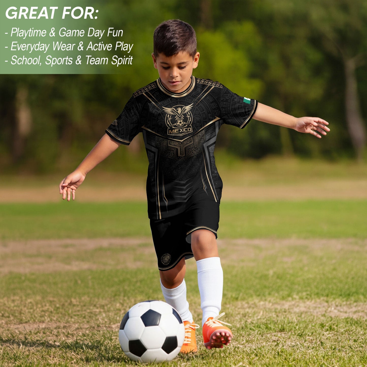 Mexico Youth Soccer Jersey Set Aztec Graphic Kids Football Uniform Black Gold Sportswear