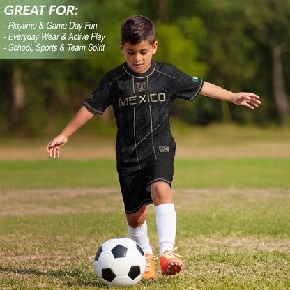 Mexico Youth Football Kit Black Gold Aztec Design Kids Soccer Uniform Elite Sportswear Top