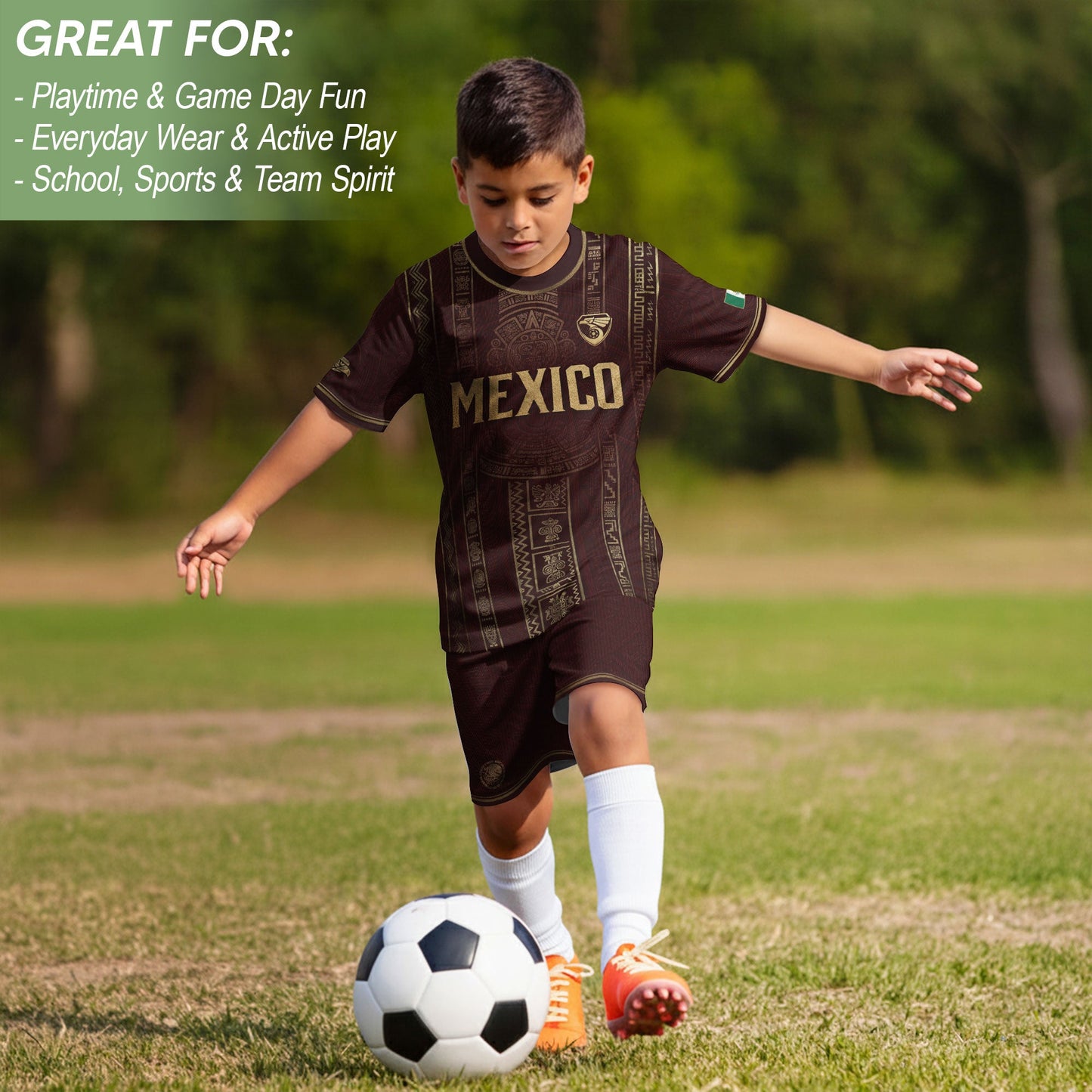 Mexico Youth Soccer Jersey Maroon Aztec Kids Football Shirt Vintage Heritage Sportswear