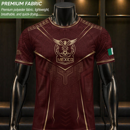 Mexico Soccer Jersey Men Maroon Aztec Pattern Football Shirt Classic Fan Wear