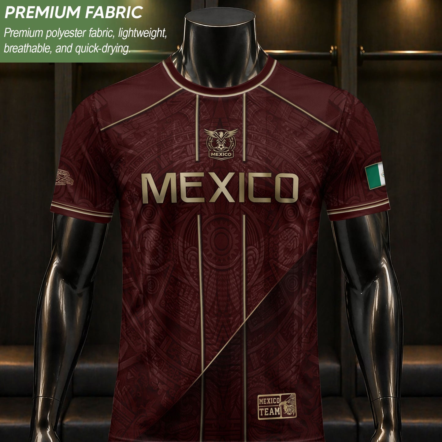 Mexico Soccer Jersey Men Maroon Gold Heritage Football Shirt Aztec Style Top