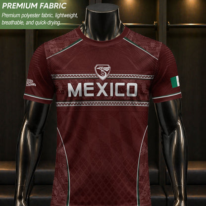 Maroon Mexico Soccer Jersey Aztec Coat of Arms Football Men Shirt Mexico Fan Tee