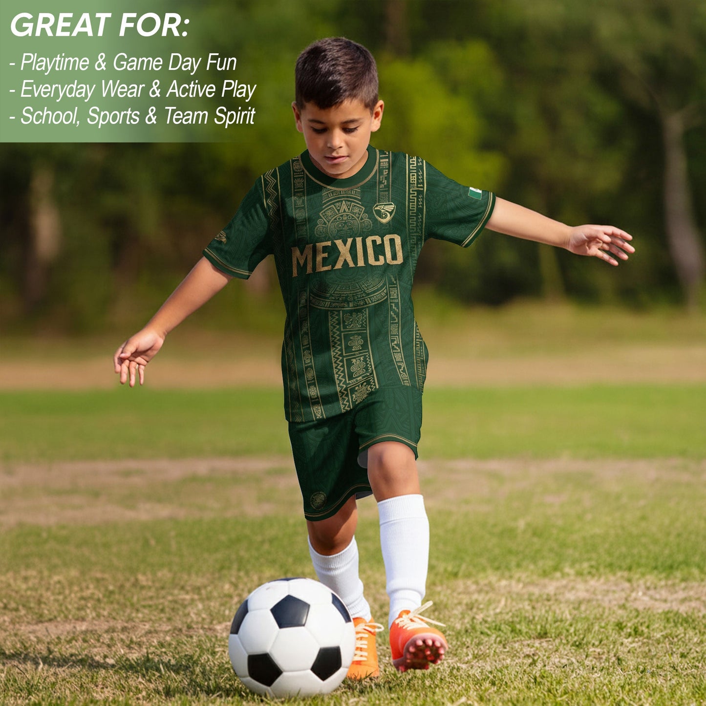 Mexico Soccer Jersey Youth Green Gold Tribal Football Shirt Premium Fan Apparel