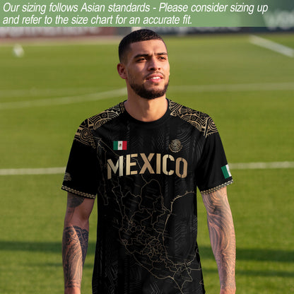 Mexico Black Heritage Map Soccer Jersey with Golden Aztec Details