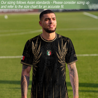 Mexico Soccer Jersey Black Aztec Warrior Gold Feather Design
