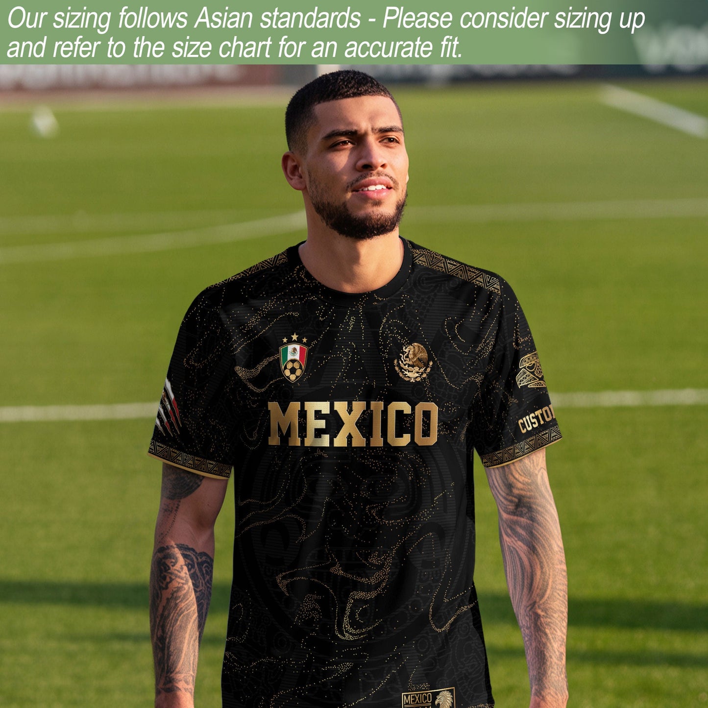 Custom Mexico Black Gold Soccer Jersey with Heritage Map and Aztec Pattern