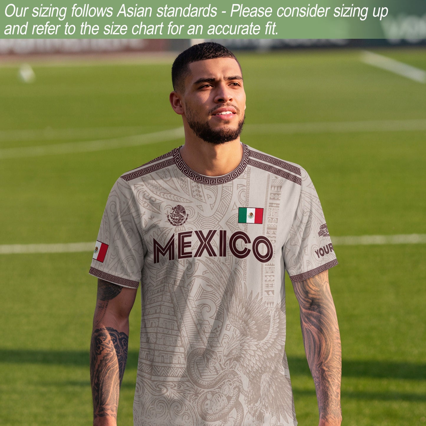 Custom Mexico Beige Aztec Eagle Pyramid Heritage Soccer Jersey