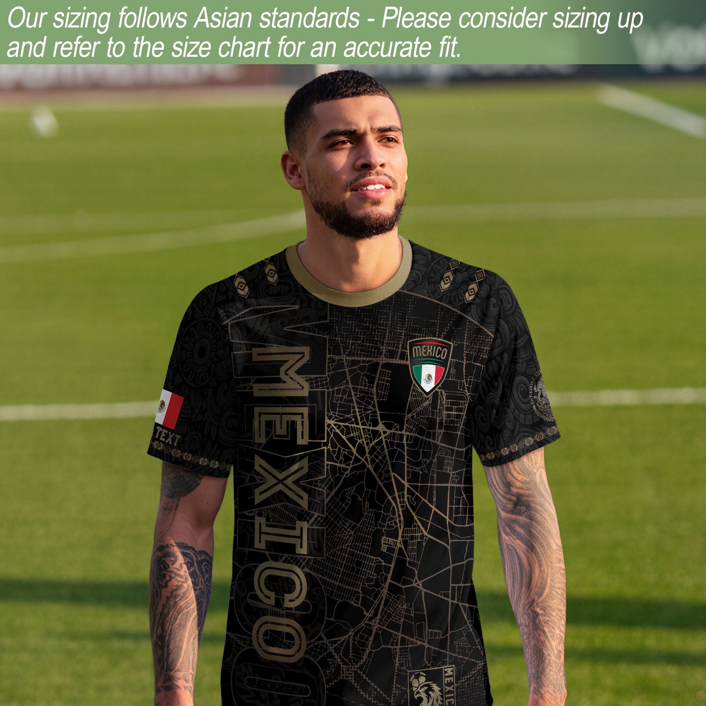 Custom Mexico Soccer Jersey Black Gold Heritage Map Aztec Design