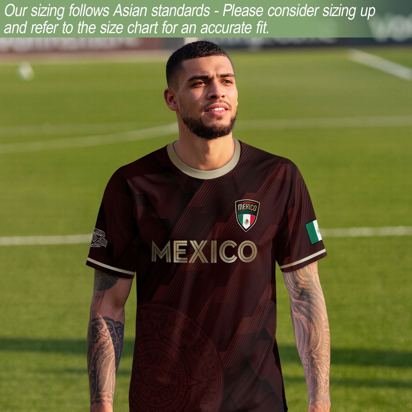 Mexico Burgundy Soccer Jersey with Golden Aztec Sunstone and Eagle Crest