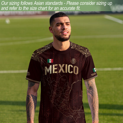 Custom Mexico Burgundy Soccer Jersey with Golden Aztec Map Design