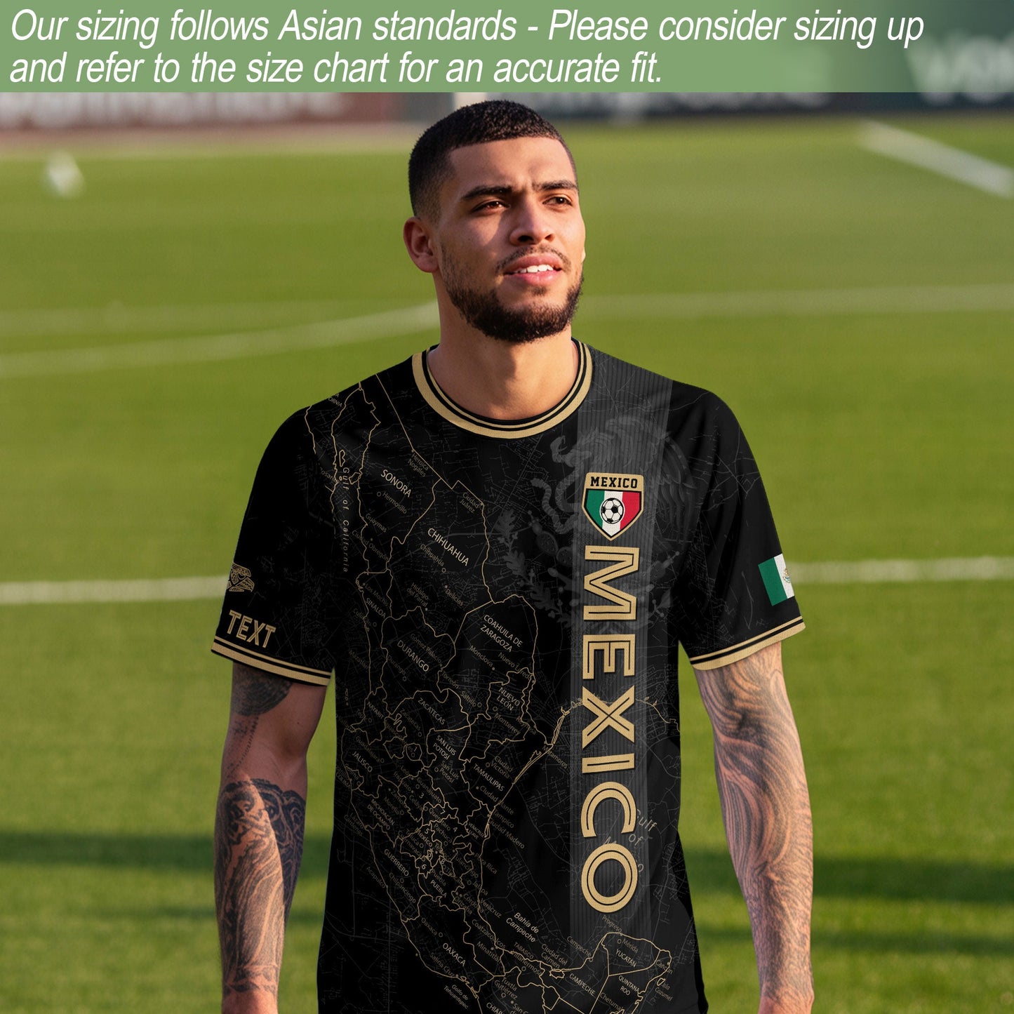 Custom Mexico Black Gold Soccer Jersey with Detailed Heritage Map Design