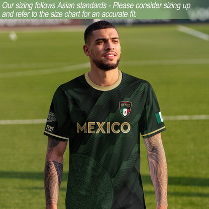 Custom Mexico Green Soccer Jersey with Golden Aztec Calendar Design