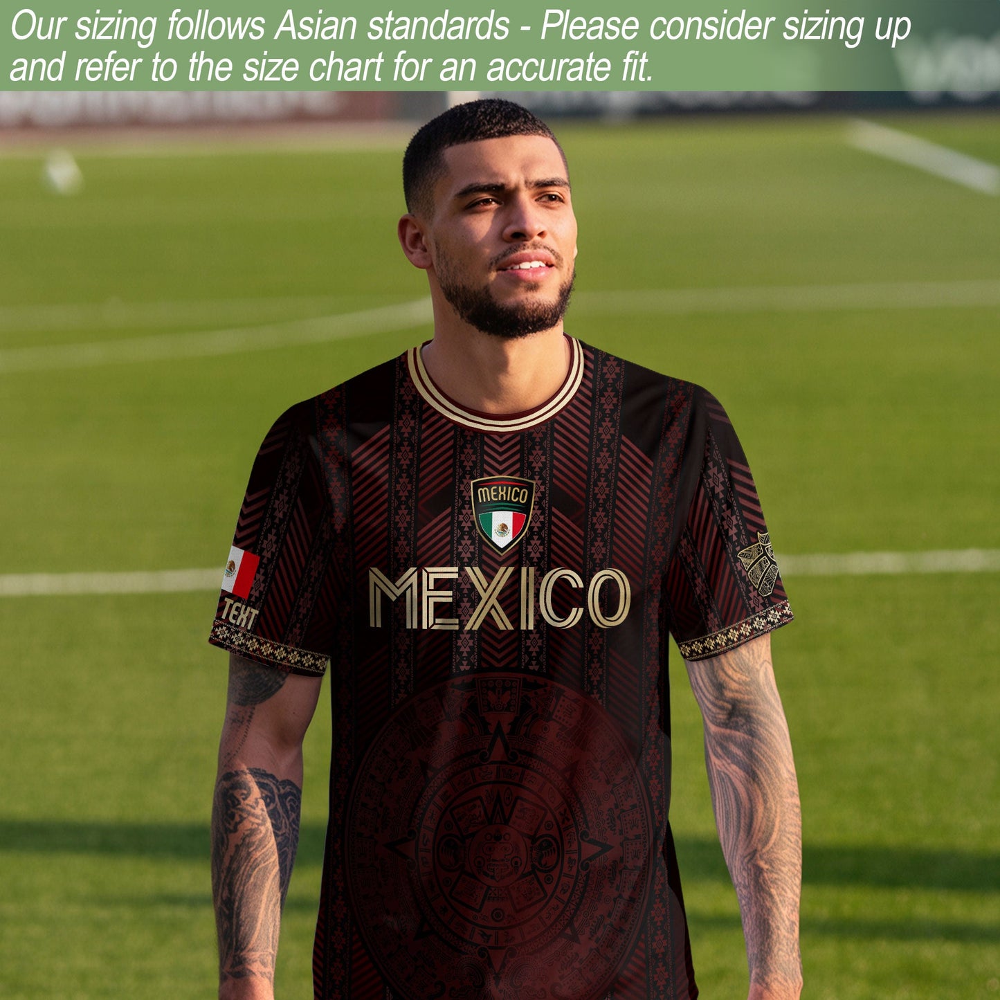 Custom Mexico Burgundy Soccer Jersey with Golden Aztec Calendar Design