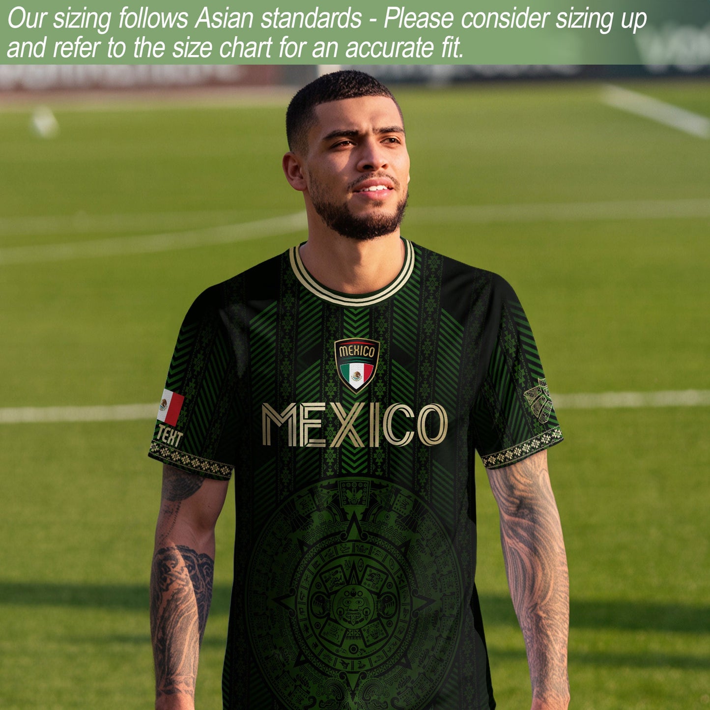 Custom Mexico Green Soccer Jersey with Golden Aztec Calendar Pattern