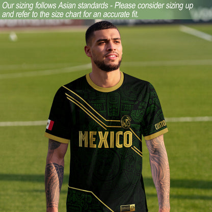 Custom Mexico Jersey Black Green Gold Aztec Heritage Design