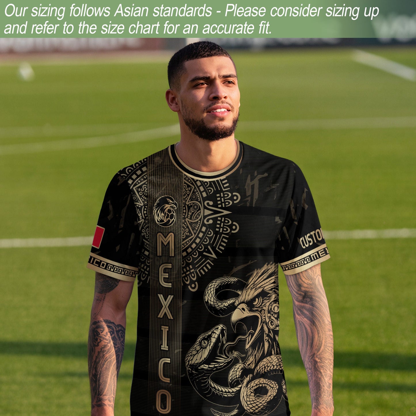Custom Mexico Jersey Black Gold Eagle Serpent Aztec Warrior Design