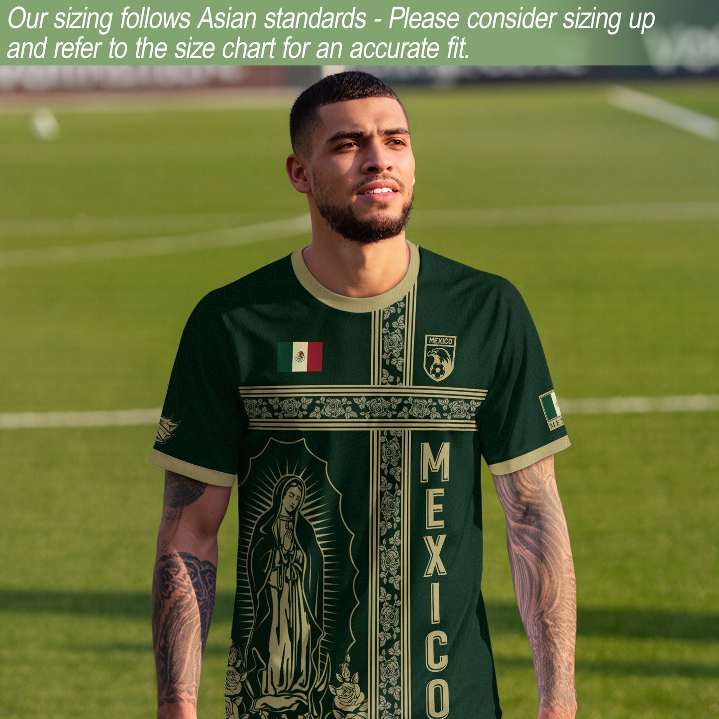 Mexico Soccer Jersey Green Gold Guadalupe Cross Design