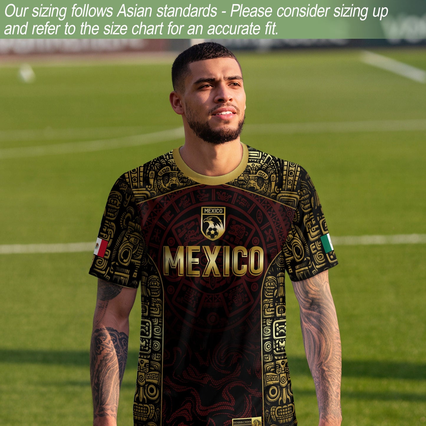 Mexico Soccer Jersey Black Red Gold Aztec Calendar Design