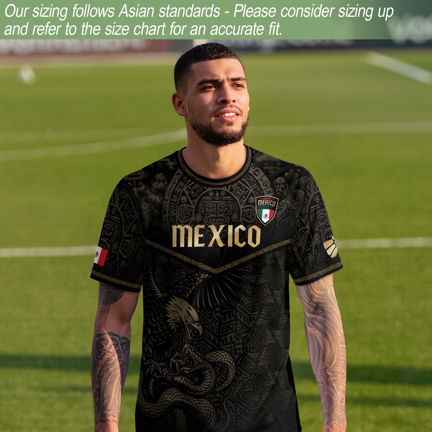 Mexico Soccer Jersey Black Gold Eagle & Snake Aztec Design