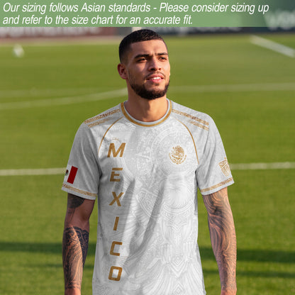 Mexico Soccer Jersey White Gold Aztec Eagle Design